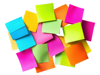 Colorful sticky notes in various shapes and sizes scattered randomly, showcasing vibrant hues like pink, green, yellow, and orange on white background , cut out.	