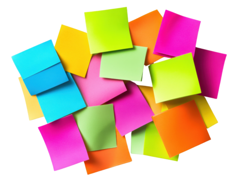 Colorful sticky notes in various shapes and sizes scattered randomly, showcasing vibrant hues like pink, green, yellow, and orange on white background , cut out.	