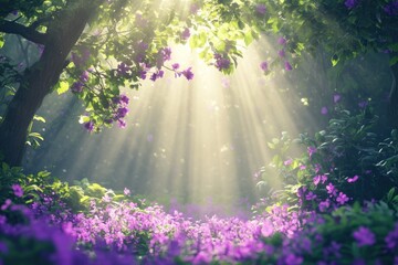 Naklejka premium Serene Forest Scene with Sunlight Streaming Through Trees