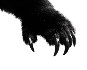 Black animal paw with sharp claws, white isolated background