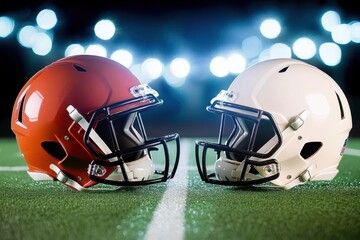 Two football helmets, one orange and one white, face off on a well-lit football field, symbolizing the energetic and traditional aspects of this dynamic sport.
