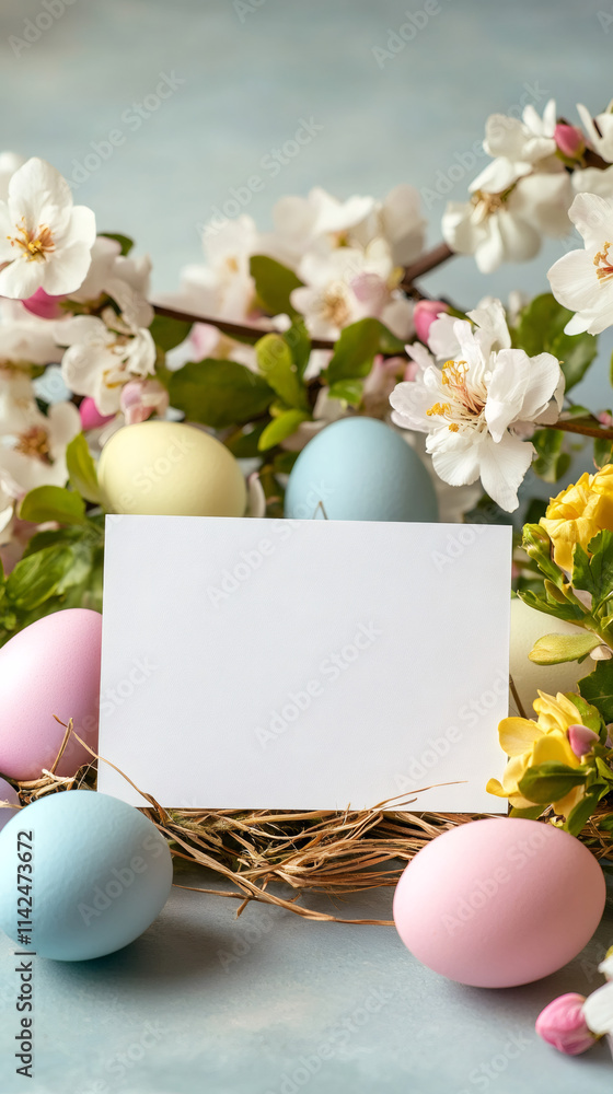 Poster pastel colored easter eggs and spring flowers create a festive border around a blank card, perfect f