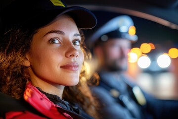 A patrol officer and woman share a friendly moment inside a car during a nighttime operation, illuminated by the glow of streetlights, conveying calm and camaraderie.