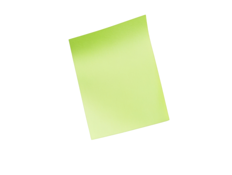 A bright green sticky note positioned at an angle on white background , cut out.	