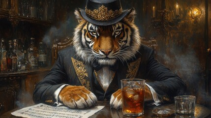 A dapper tiger in formal attire sits at a table with a drink, exuding sophistication.