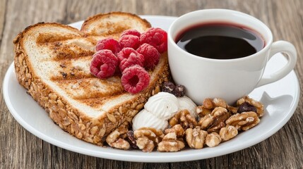 A heart-shaped toast topped with raspberries, accompanied by a cup of coffee and an assortment of nuts on a wooden table.