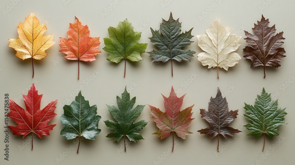 Poster A Beautiful Array of Maple Leaves in Various Stages of Color Change Showcasing the Splendor of Autumn and Natural Beauty Against a Neutral Background