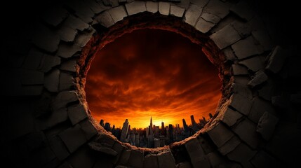 Fiery Cityscape Through Broken Wall 