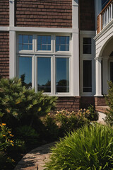 A multi-pane window with a white frame is set into a red brick wall.  Landscaping, including shrubs and a stone pathway, is visible in the foreground.  Part of a house's exterior is shown.