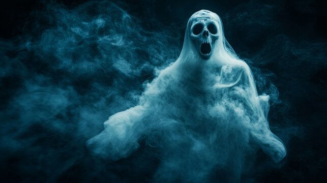 A ghostly figure emerges from the smoke, its skeletal face a chilling sight.