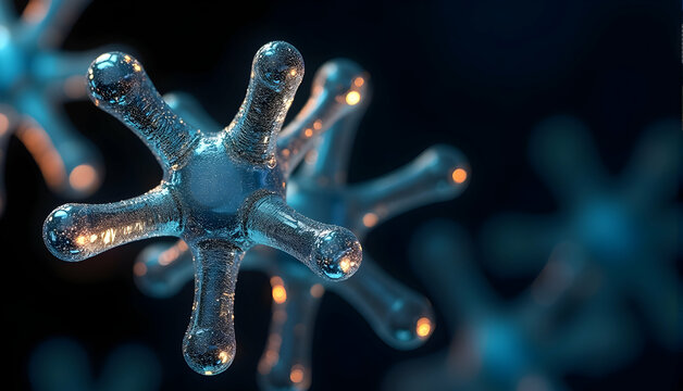 Intricate Microscopic World: Glowing, translucent structures in vibrant blue hues. A captivating image showcasing the intricacies of a microscopic world.