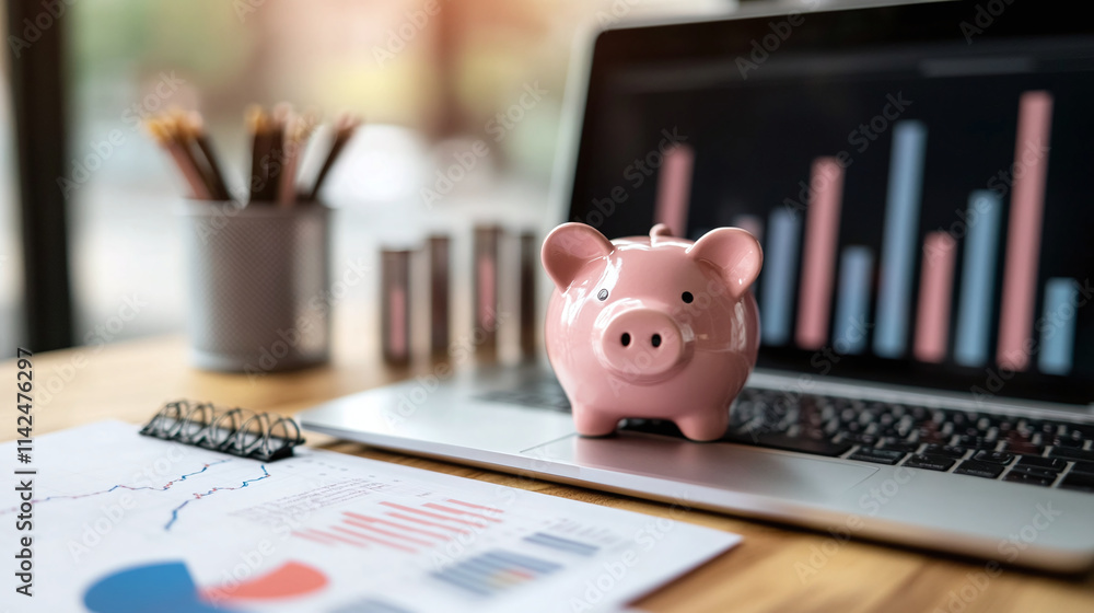 Poster a pink piggy bank in the shape of a pig, standing on a laptop keyboard. a graph is visible on the la