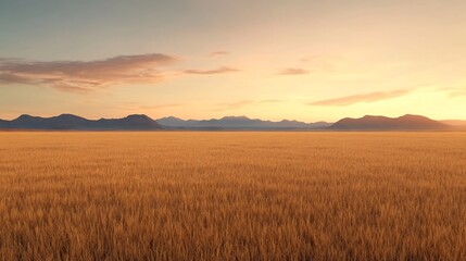 Wide Shot of Golden Wheat Field with Dramatic Sunset Landscape Background Perfect for Text Overlay