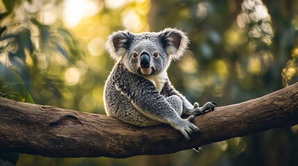 Koala sitting on a branch in the forest at sunset
