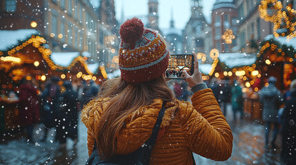 a woman holding a smartphone in her hands and taking pictures of a Christmas market. A lot of people can be seen on the phone screen,