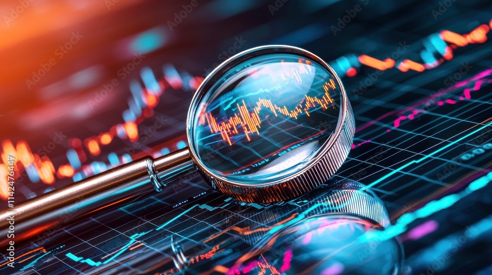 Poster digital financial analysis and investment data visualization through transparent futuristic screen