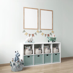Nursery mockup, neutral unisex children room interior background, 3D render