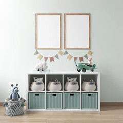 Wall Frame mockup in the children's room. Nursery Interior, scandinavian, eco style. 3d rendering, 3d illustration
