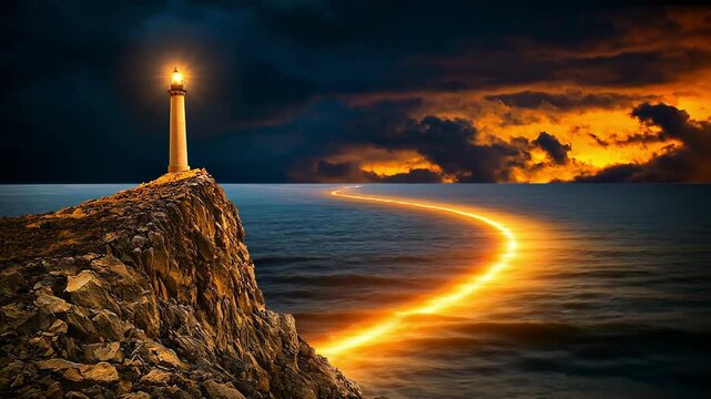A tall structure stands on a rocky cliff, its glowing beacon piercing through the darkness of the night, casting a wide swath of light across the vast expanse of the ocean.
