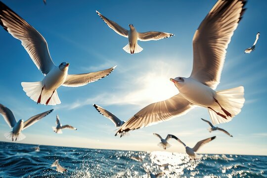 A vibrant flock of seagulls takes to the sky over a clear, blue ocean, the sunlight reflecting off the water, embodying the themes of freedom and nature's beauty.