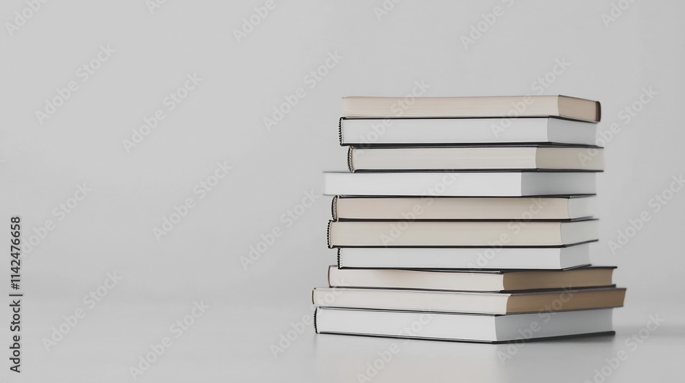 Poster neatly stacked pile of books with clean blurred background and ample space