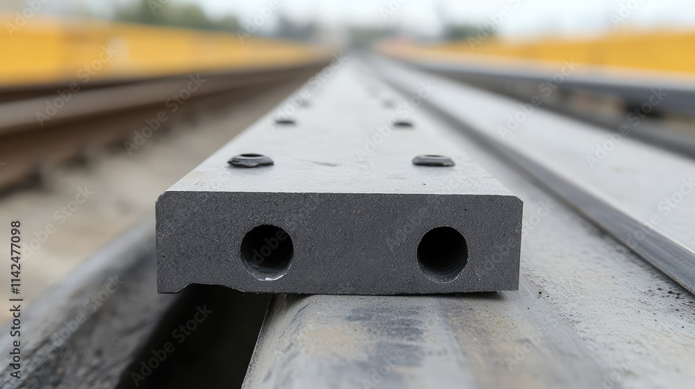 Poster a close-up of a high-speed rail track with precision-engineered rails and sleepers, emphasizing adva