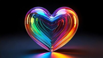 A beautifully colorful glass heart is placed delicately on a black surface