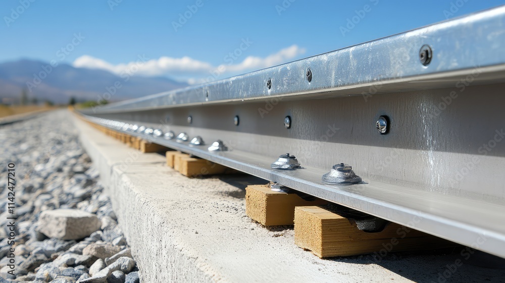 Poster a close-up of a high-speed rail track with precision-engineered rails and sleepers, emphasizing adva
