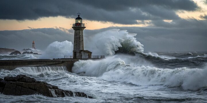 Waves againt lighhouse without light, sea, storm, dark night