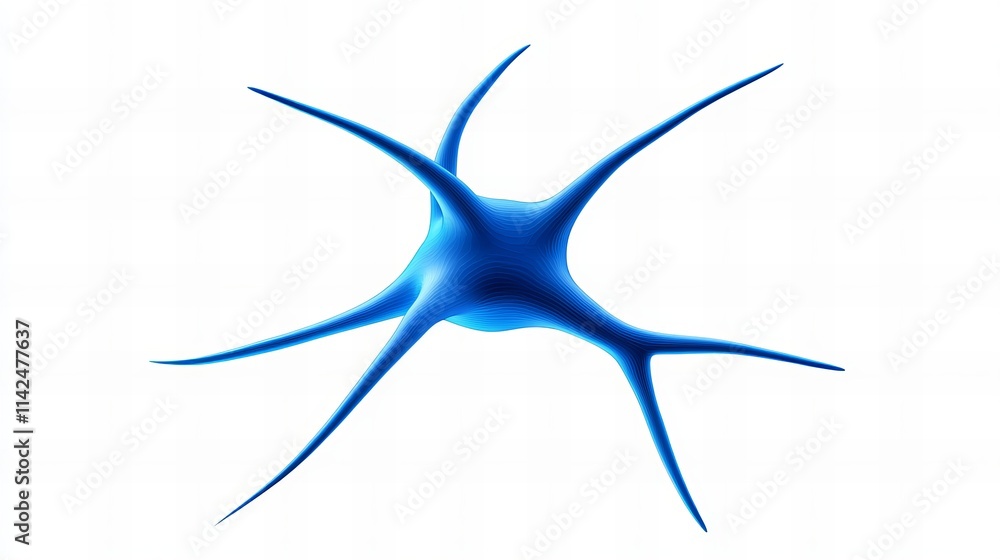 Poster a 3d rendering of a vibrant blue neuron, its intricate structure highlighted against a stark white b