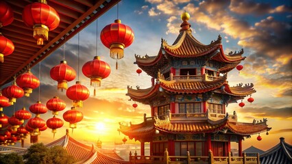 Fototapeta premium Chinese New Year Zoom Backgrounds: Festive Red Lantern & Pagoda Architecture