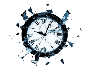 Shattered clock symbolizing the distortion of time and reality.