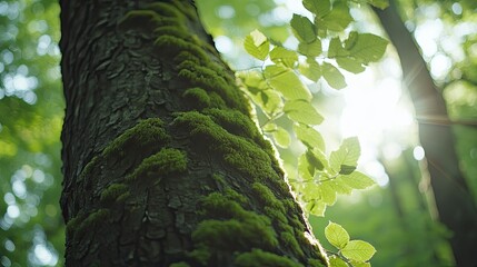 Fototapeta premium Sunlight filters through leaves, illuminating a moss-covered tree trunk in a serene forest setting.