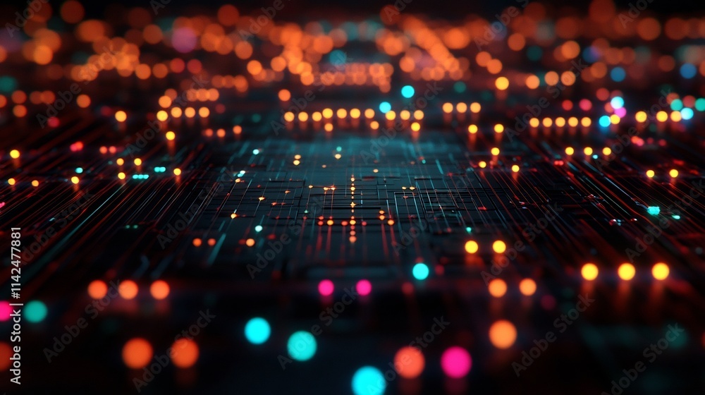 Poster futuristic quantum chip with glowing lines and particles showcasing superposition and entanglement