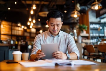 Fototapeta premium A man attentively reads his tablet in a warmly lit cafe, surrounded by coffee cups and paperwork, capturing a moment of focus in a cozy atmosphere.
