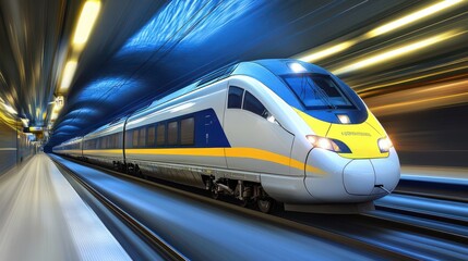 Obraz premium Dynamic High-Speed Train in Motion Captured in a Modern Urban Environment with Blurred Background Showcasing Speed and Technology in Transportation