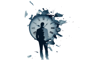 Silhouette of a man breaking through a clock, symbolizing time and opportunity.