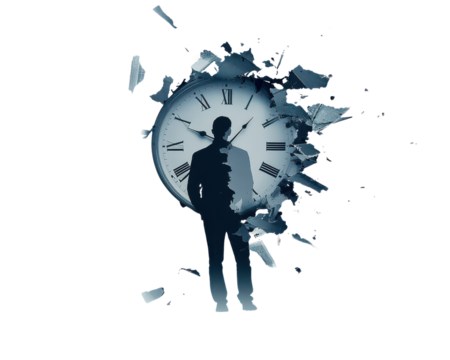 Silhouette of a man breaking through a clock, symbolizing time and opportunity.