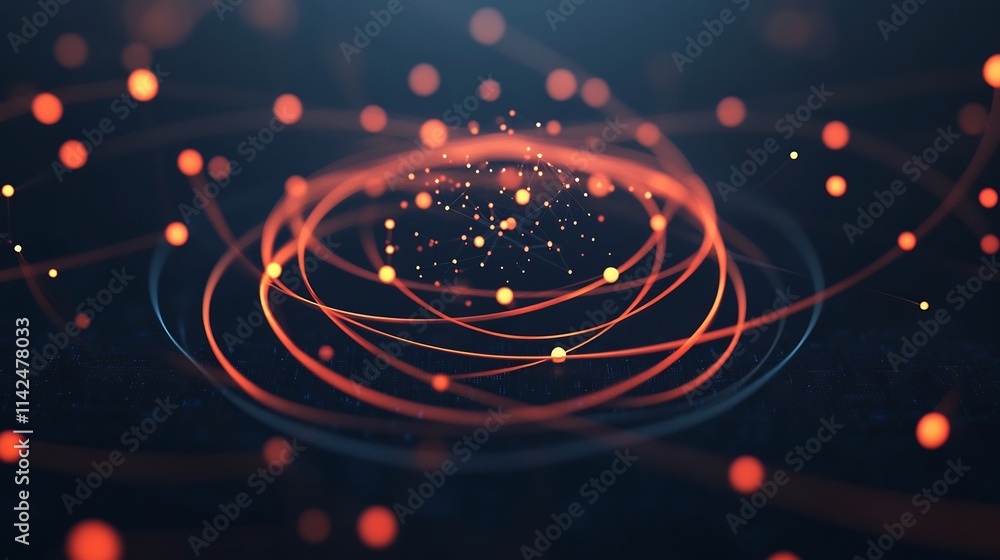 Poster futuristic quantum chip surrounded by glowing lines and particles showcasing superposition and