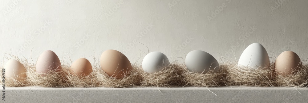 Poster a variety of eggs resting in straw nests on a simplistic 3d stall, floating in a white void