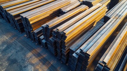 Aerial view of stacked steel beams, showcasing industrial materials in organized piles, with textures reflecting sunlight.