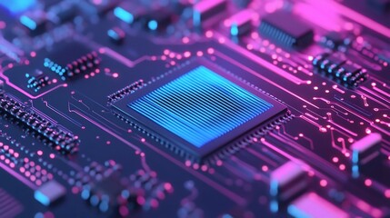 Obraz premium Glowing Quantum Computing Chip with Vibrant Blue and Purple Circuits and Qubits in Action