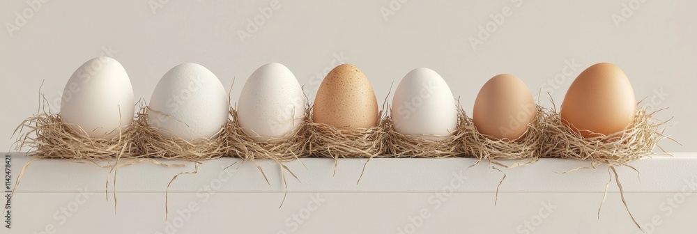 Poster a variety of eggs resting in straw nests on a simplistic 3d stall, floating in a white void