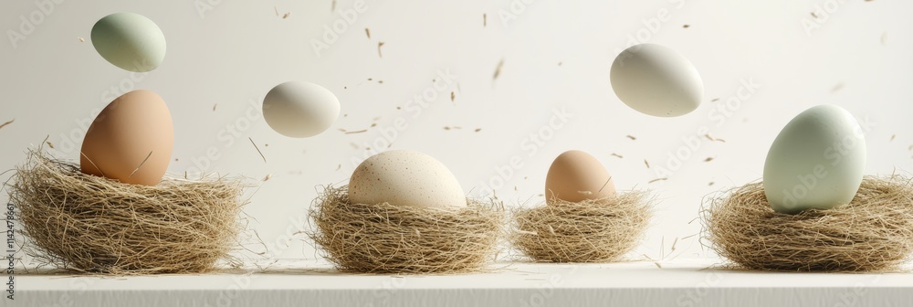 Poster a variety of eggs resting in straw nests on a simplistic 3d stall, floating in a white void