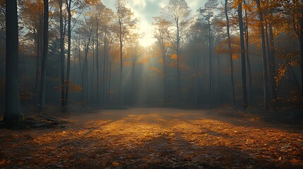 Fototapeta premium Sunbeams pierce misty autumn forest, illuminating path strewn with fallen leaves.