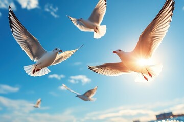 Obraz premium The image captures several seagulls gracefully flying in a clear blue sky, highlighting their wings against the sunlight and conveying freedom and nature's beauty.