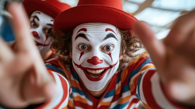 A single clown, full of energy and joy, reaches towards the viewer with an infectious smile, radiating fun and whimsy in a colorful costume.