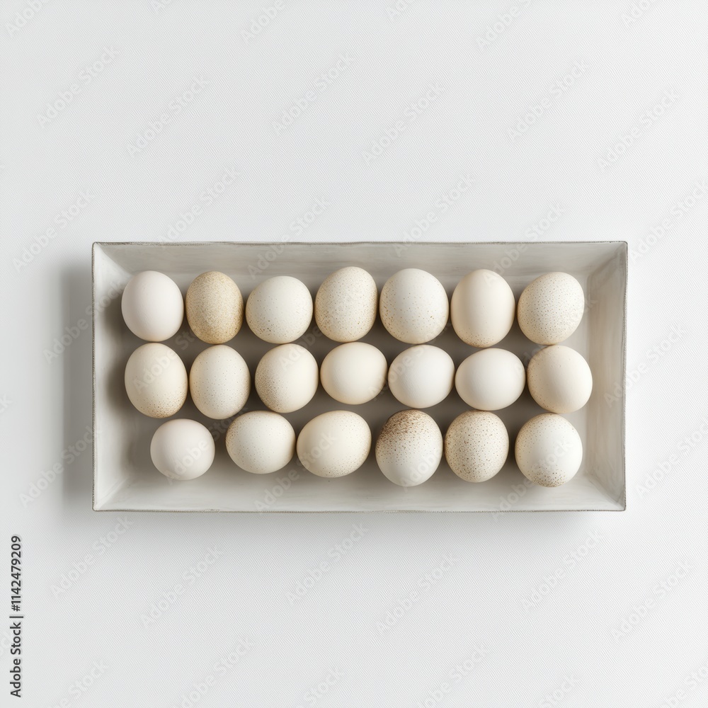 Poster a wide rectangular tray in 3d design featuring grouped eggs, presented with soft shadows and minimal