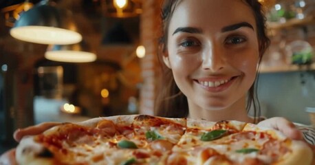 Close up of young smiling woman showing freshly baked pizza with ham and basil