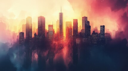 A stylized cityscape at sunrise, shrouded in atmospheric fog and vibrant colors.